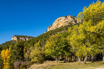 Panoramic view of the Sierra de Cuenca at Una in Spain. Hiking trails La Raya and El Escaleron in...
