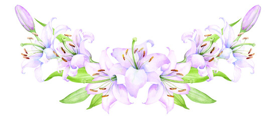 Bouquet white lilies, pink lilies, flowers and buds watercolor flower arrangement