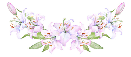 Fototapeta premium Bouquet white lilies, pink lilies, flowers and buds watercolor flower arrangement