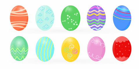 set of 10 colored decorated Easter eggs with a pattern on a white background. Design elements for greeting card. Vector illustration of a cartoon flat style