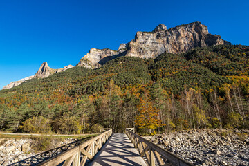 Autumn view of beautiful nature in Ordesa and Monte Perdido NP, Pyrenees, Aragon in Spain.