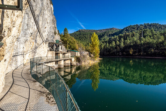 Molino De Chincha reservoir with turquoise waters in autumn at Cuenca province in Castilla La Mancha, Spain.