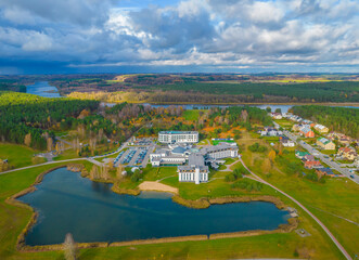 Fototapeta na wymiar Aerial view of Birstonas city wich is located on the shore of Nemunas river in Lithuania. Small SPA resort with natural mineral waters.
