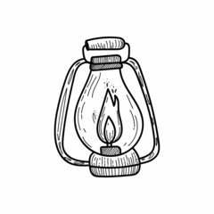 Kerasin lamp. Fire. Wick. Journey concept. Vector design. Doodle style design elements. Line art.