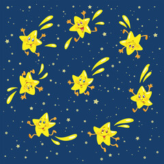 Fototapeta na wymiar Night sky and dancing stars on it. In cartoon style. Isolated on a dark blue background. Vector flat illustration.