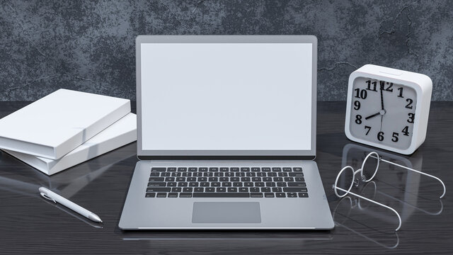 Laptop is placed on desk. book with watch and glasses on table. Behind is an old cement wall. laptop mock-up for logo or your message. 3D Render.
