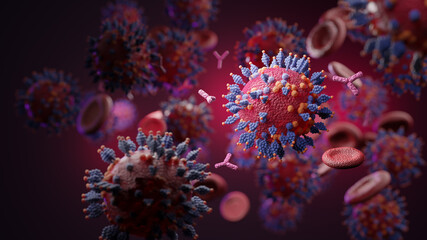 Naklejka na ściany i meble Macro coronavirus(covid-19) cell delta plus variant.BA.5,BA.2.75,BA.4(omicron covid).COVID 19 Delta plus variant Sars ncov 2.Mutated coronavirus SARS-CoV-2 flu disease pandemic, 3D render illustration