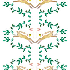 Decorative pattern,ornament with watercolor drawing of hares and twigs of plants. The pattern is seamless