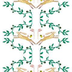 Decorative pattern,ornament with watercolor drawing of hares and twigs of plants. The pattern is seamless © Елена Устьянцева