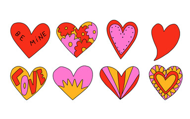 vector set of vibrant psychedelic valentines.Hippie collection hearts for valentine's day.Punk rock style 70s and 80s.Stories social media stickers.Romantic heart shapes in funky and groovy style