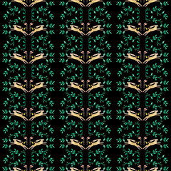 Decorative pattern,ornament with watercolor drawing of hares and twigs of plants. The pattern is seamless © Елена Устьянцева