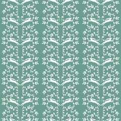 Decorative pattern,ornament with watercolor drawing of hares and twigs of plants. The pattern is seamless
