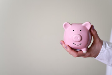 The hand holds a piggy bank in the form of a pig.