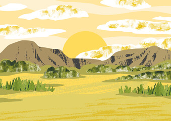 Africa. Savanna landscape with sunset. Bright nature hand draw vector Illustration with mountain, trees, bushes, clouds and sun. Collage with watercolor texture