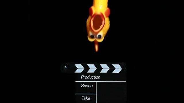 footage of clapper board rubber chicken dark background 