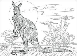 Stylized Australian wild kangaroo in the jungle with animals, sun and trees