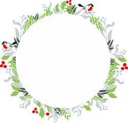 The frame is round,the decor is made of leaves, holly red berries. Vector image