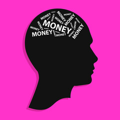 Money addiction and oniomania are people’s uncontrollable passion for shopping. Thoughts about money. Vector illustration