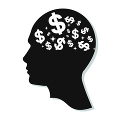 Money addiction and oniomania are people’s uncontrollable passion for shopping. Thoughts about money. Vector illustration