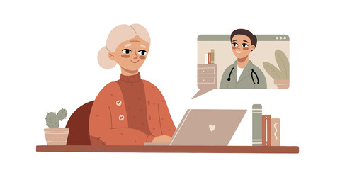 An old patient calls and speaks to the doctor on a video call. Online doctor in uniform with stethoscope in browser window. Medical care, diagnosis, online consultation, telemedicine