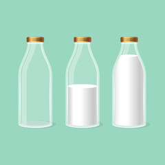 Realistic Glass Bottles with Milk Set. Vector