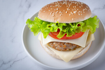Fresh tasty burger on white background