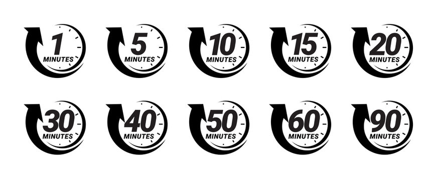 Minute timer icons set. Icons for one minute, five, ten, fifteen
