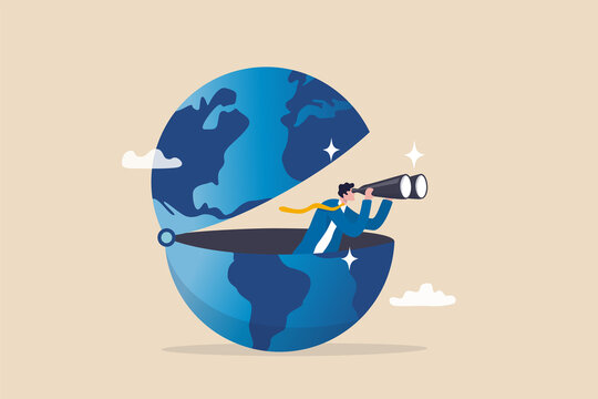 World Economic Vision Or International Opportunity For Business, Work Or Investment, Searching For Oversea Business Concept, Smart Businessman Open Globe Using Binoculars Looking For Future Vision.