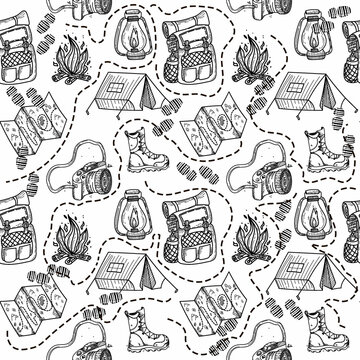 A seamless pattern of hand-drawn doodle-style elements. Illustration for local tourism. Camera belt, tent, shoes and backpack. Camping or hiking items vector image on white background.