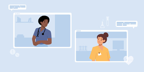 Browser window, computer screen with therapist, hospital staff team. Video call meeting in messenger, online consultation. Banner template. Ask doctor. Medical advise, chat service, telemedicine