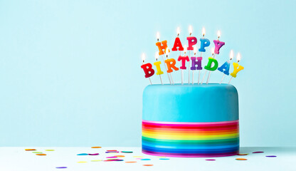 Birthday cake with rainbow birthday candles and ribbon