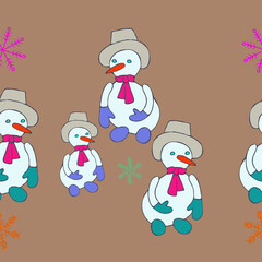 Horizontal stylized  snowmans with hat . Hand drawn.