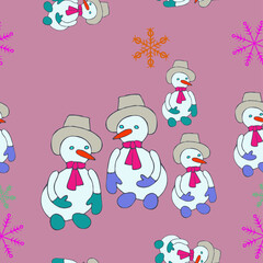 Seamless stylized  snowmans with hat . Hand drawn.
