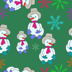 Seamless stylized  snowmans with hat . Hand drawn.