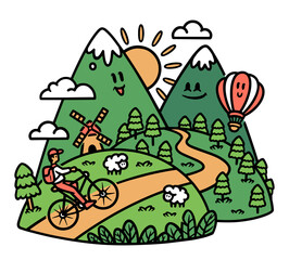 Obraz na płótnie Canvas people exploring cute mountain by cycling illustration
