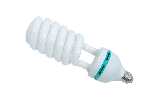 A fluorescent light bulb over a white background.