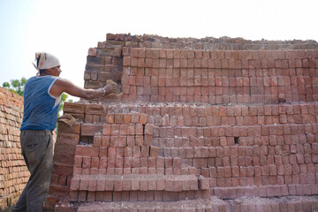 Fototapeta na wymiar Indian Labor working at brick factory
