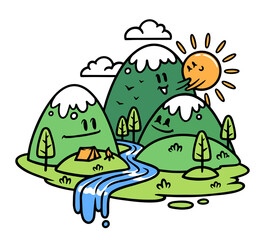 cute mountain and river view illustration