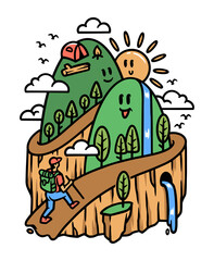 cute mountain and hiker illustration