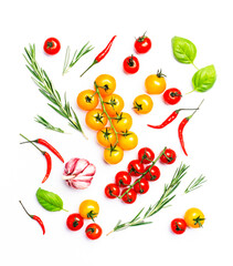 Spicy herbs and vegetables. Tomato, basil, rosemary, pepper, garlic on white background. Cooking concept, top view, copy space