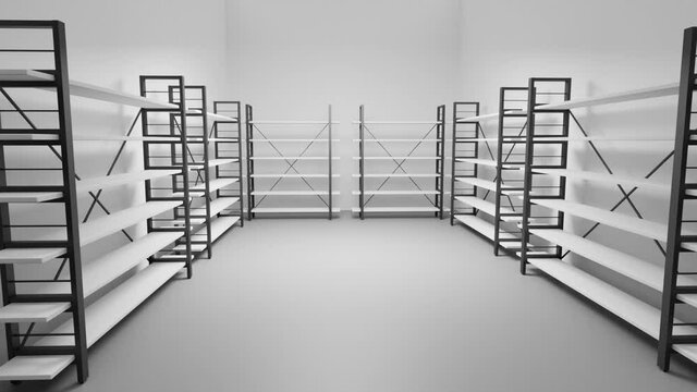 Cold room in warehouse with empty racks, white shelves on metal base. Realistic interior of industrial storage freezer for food products. Refrigerator chamber in factory, store or restaurant 3d render