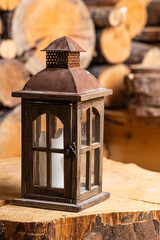 An old portable lantern stands in a rustic wood-burning room.