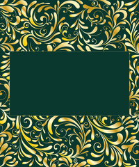 Openwork background with patterns, squiggles abstract background with gold pattern and rectangular frame with empty place for text or logo, vector