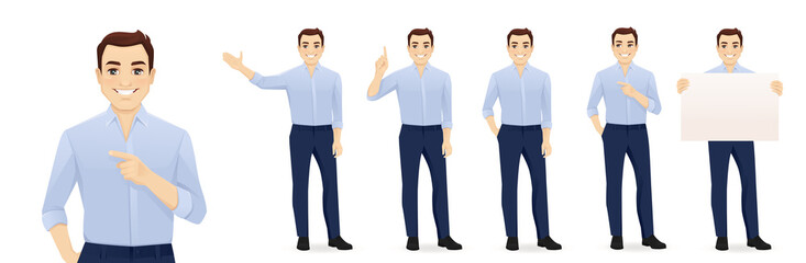 Young business man in blue shirt different gestures set isolated vector illustration