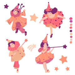 Bundle with cute children in carnival costumes.  Fairy, Little princess. Baby Clown. Vintage style. Vector illustration on white background.