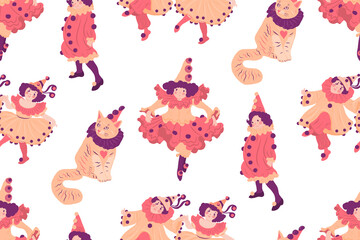 Seamless pattern with children in carnival costumes and funny cat in cap. Vector illustration.