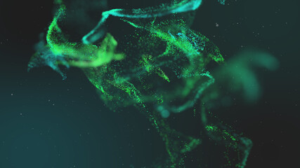 3d illustration of blue glitter particles background with shining light flares.