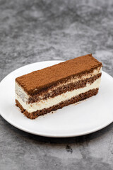 portion tiramisu cake on dark background. Traditional world cuisine delicacies. Close-up.