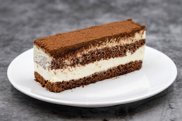 portion tiramisu cake on dark background. Traditional world cuisine delicacies. Close-up.