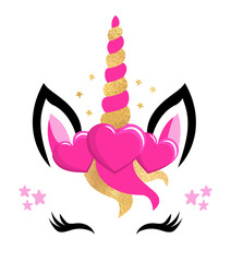 Beautiful Unicorn head with hearts headband, Unicorn Face with lashes. Vector illustration for card and shirt design for autumn holidays. Happy Valentine's Day decoration. Love Day.